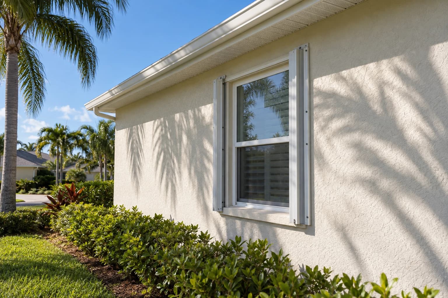 Pale stucco wall of a one-story Florida block home with a freshly painted white fascia board and a window with storm shutter tracks, palm fronds casting shade