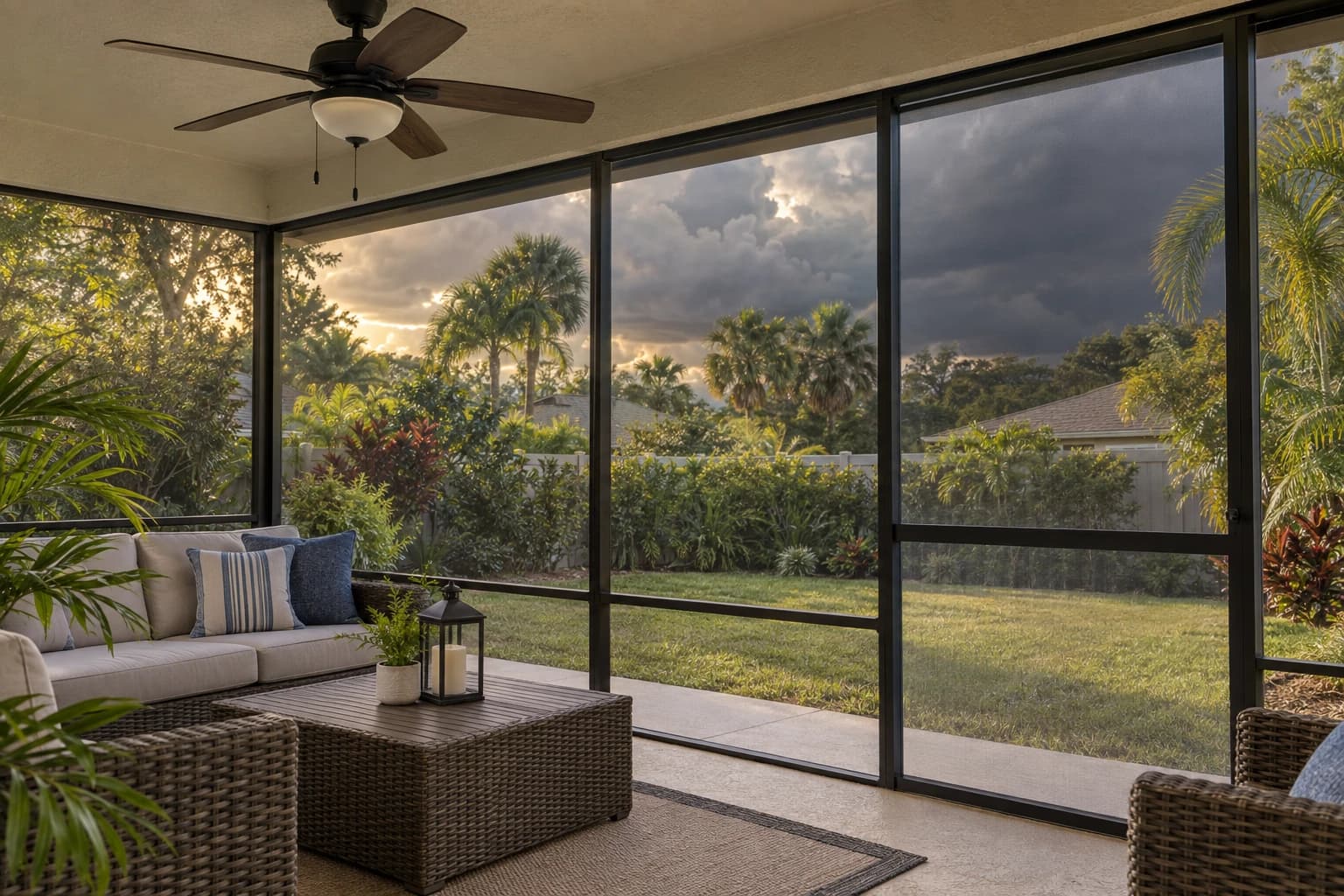 Covered Tampa lanai with a new porch screen panel, a ceiling fan, and storm clouds building over the backyard palms