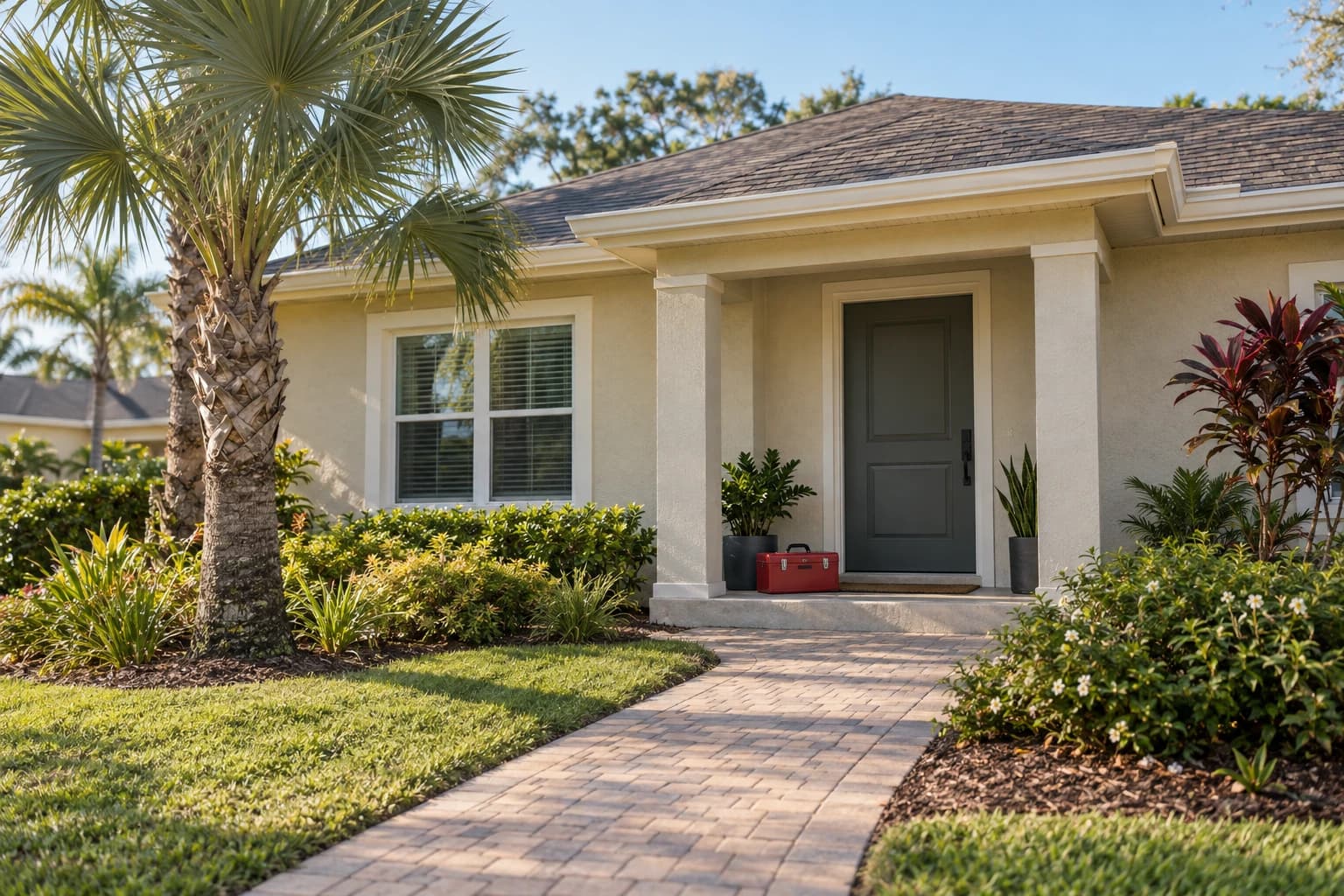 One-story Tampa stucco home in morning light with a paver walk, a sabal palm, and a red toolbox resting on the front step