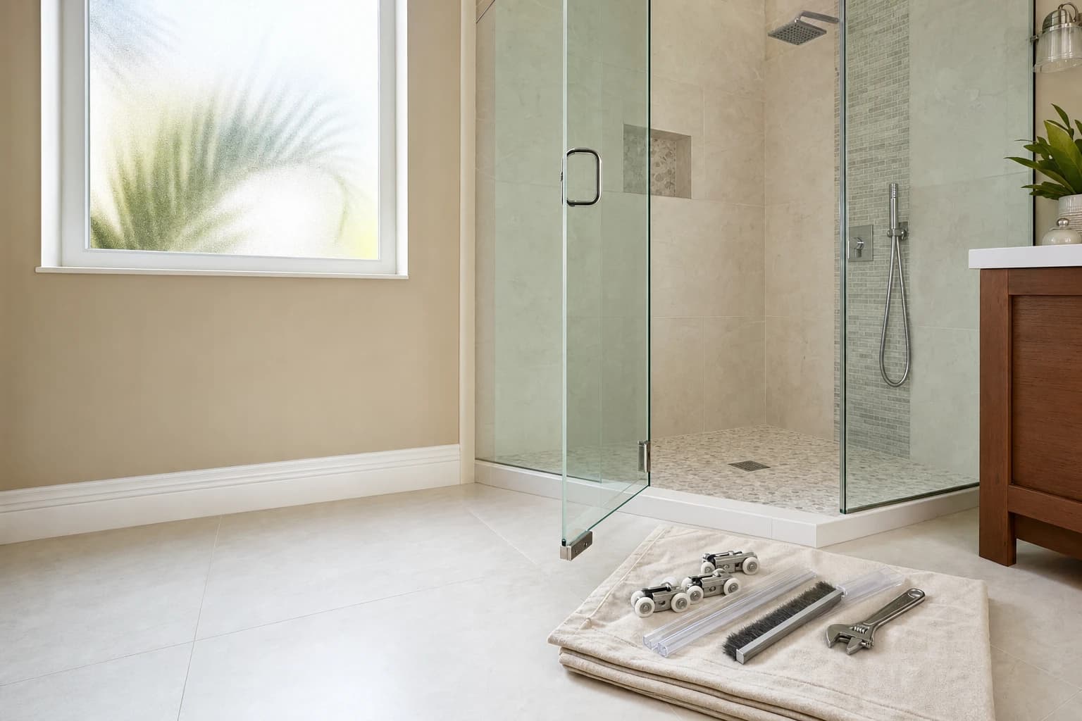 Florida master bath with a frameless glass shower door ajar, new rollers, vinyl seals, and a track brush staged on a folded drop cloth beside the curb