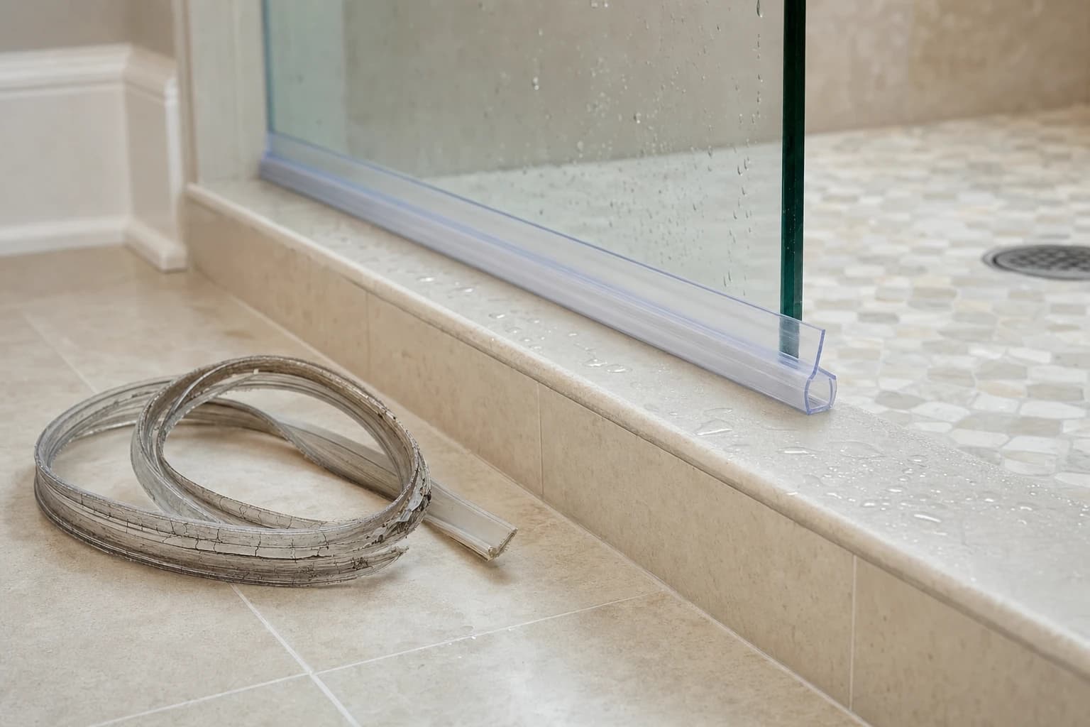 Detail of a shower threshold with an old cracked vinyl bottom sweep removed and a new flexible sweep aligned along the glass edge