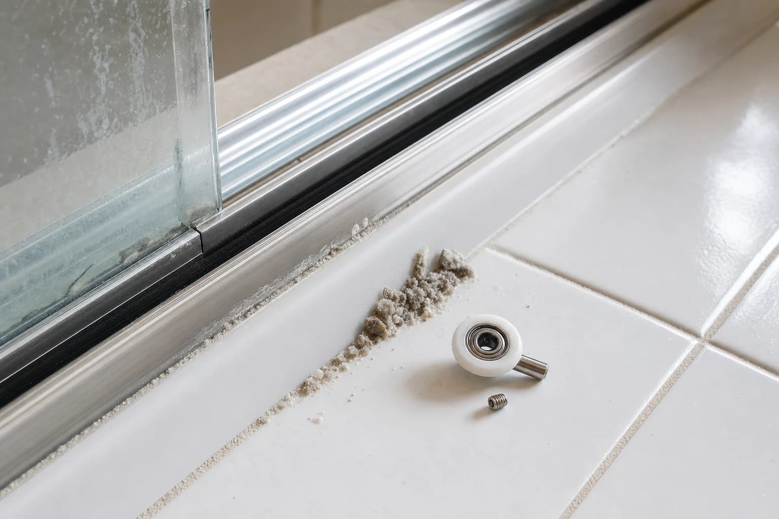 Close-up of a sliding shower door bottom track with soap scum cleared and a new roller wheel resting beside the channel on wet tile
