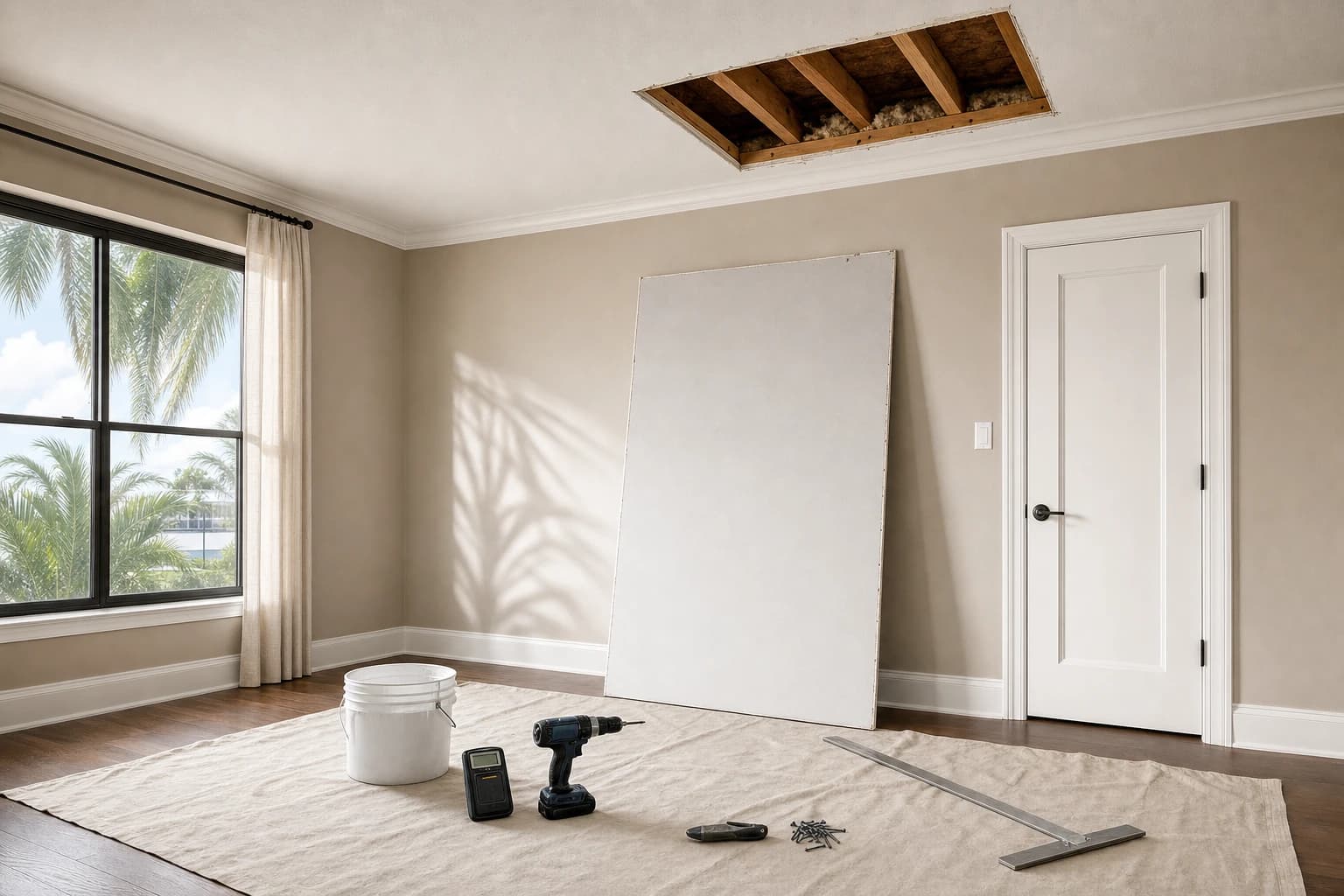 Open rectangular cutout in a water-damaged ceiling of a bright Florida living room, with joists visible above, a new drywall sheet leaning nearby, and repair tools staged on a drop cloth below
