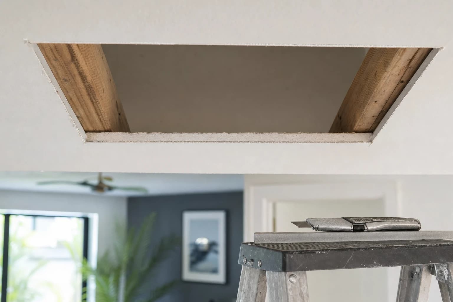 Detail of a squared-off ceiling drywall cutout back to firm board and joists, with a utility knife and straightedge resting nearby