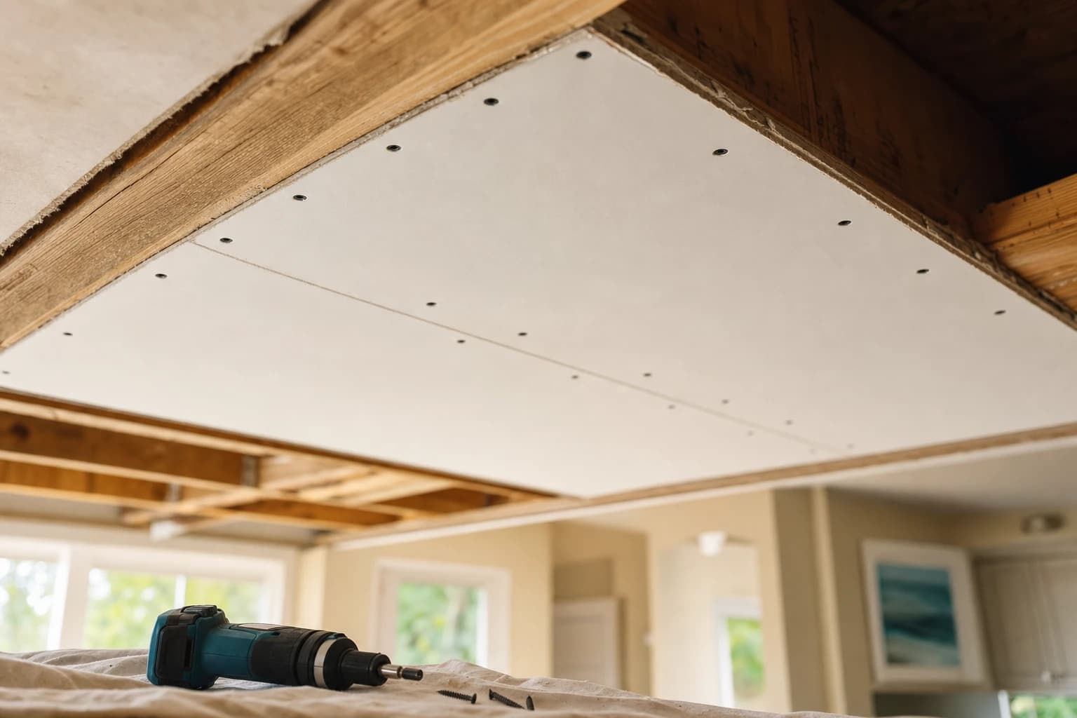 Close-up of new ceiling drywall screwed to joists with screw heads set just below the surface, ready for tape and mud in a Florida home