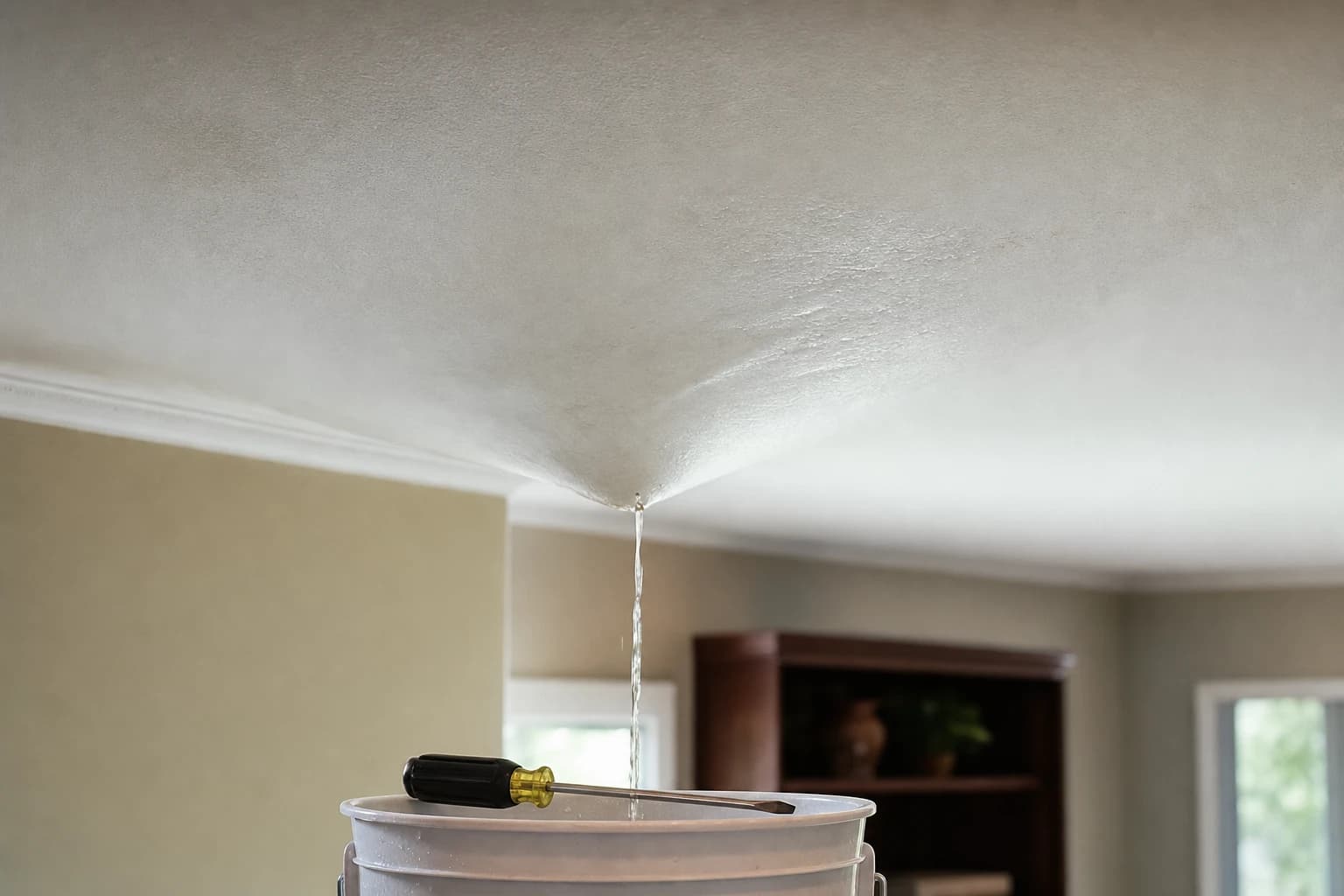 Close-up of a small drain hole in a bulging water-damaged ceiling with a bucket catching a controlled stream below in a Florida home