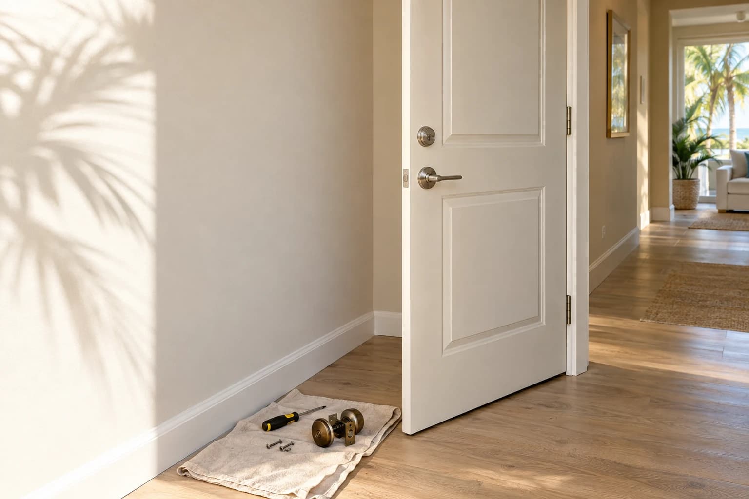 Interior door open in a bright Florida hallway with a new lockset, spare screws, and a screwdriver resting on a drop cloth