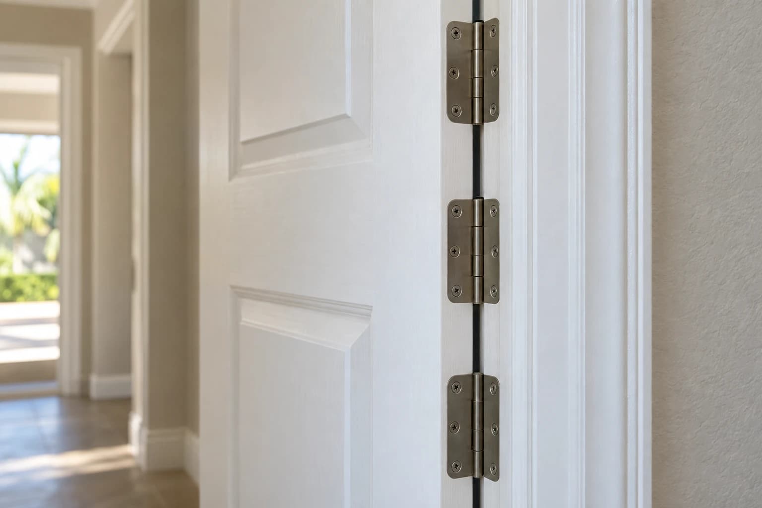 Three satin nickel hinges on a white interior door in a Florida hallway