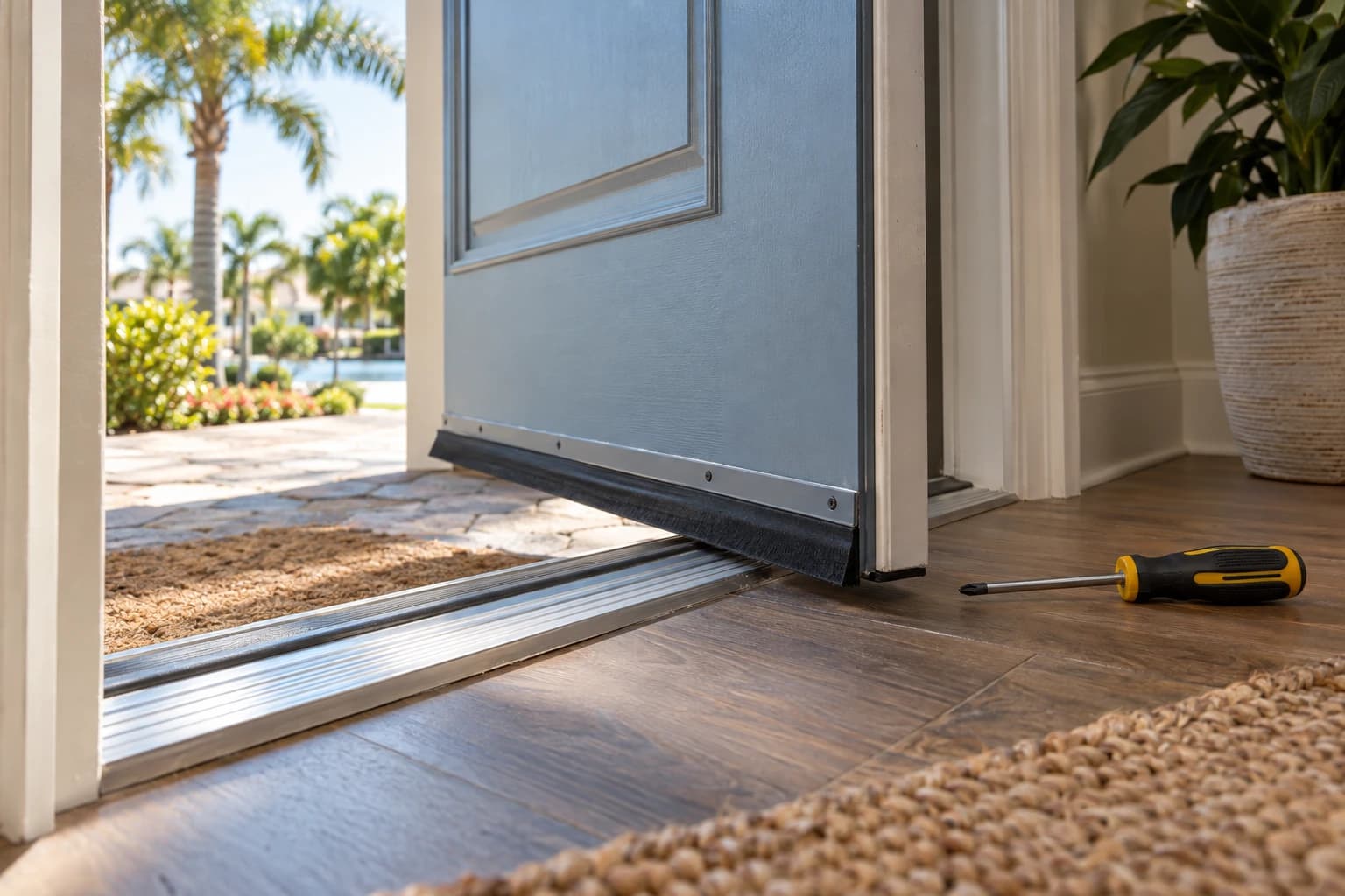 Exterior door threshold and bottom sweep on a Florida entry with a screwdriver resting on the floor nearby