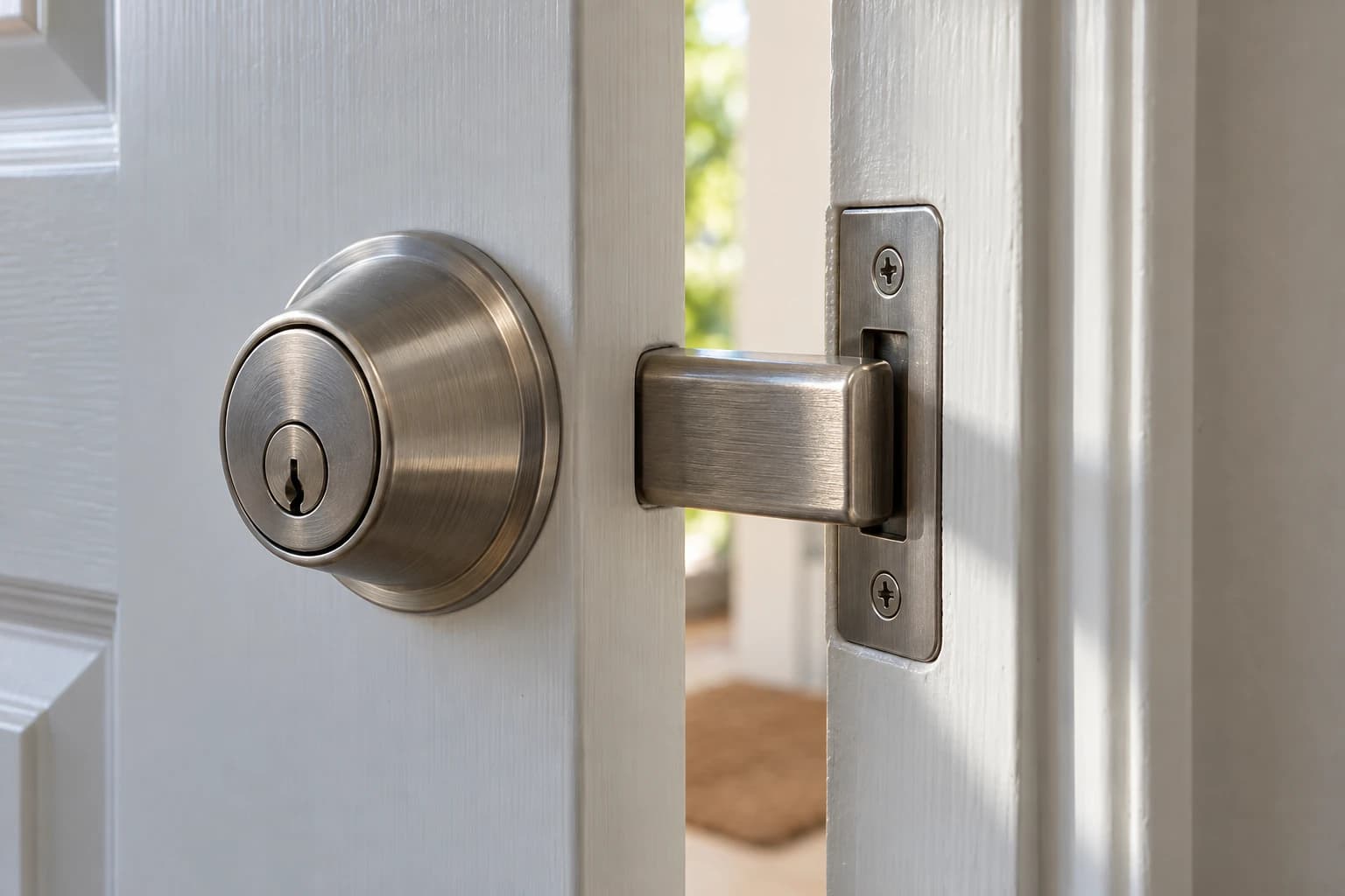 Deadbolt thrown fully into a clean strike plate on a painted door jamb