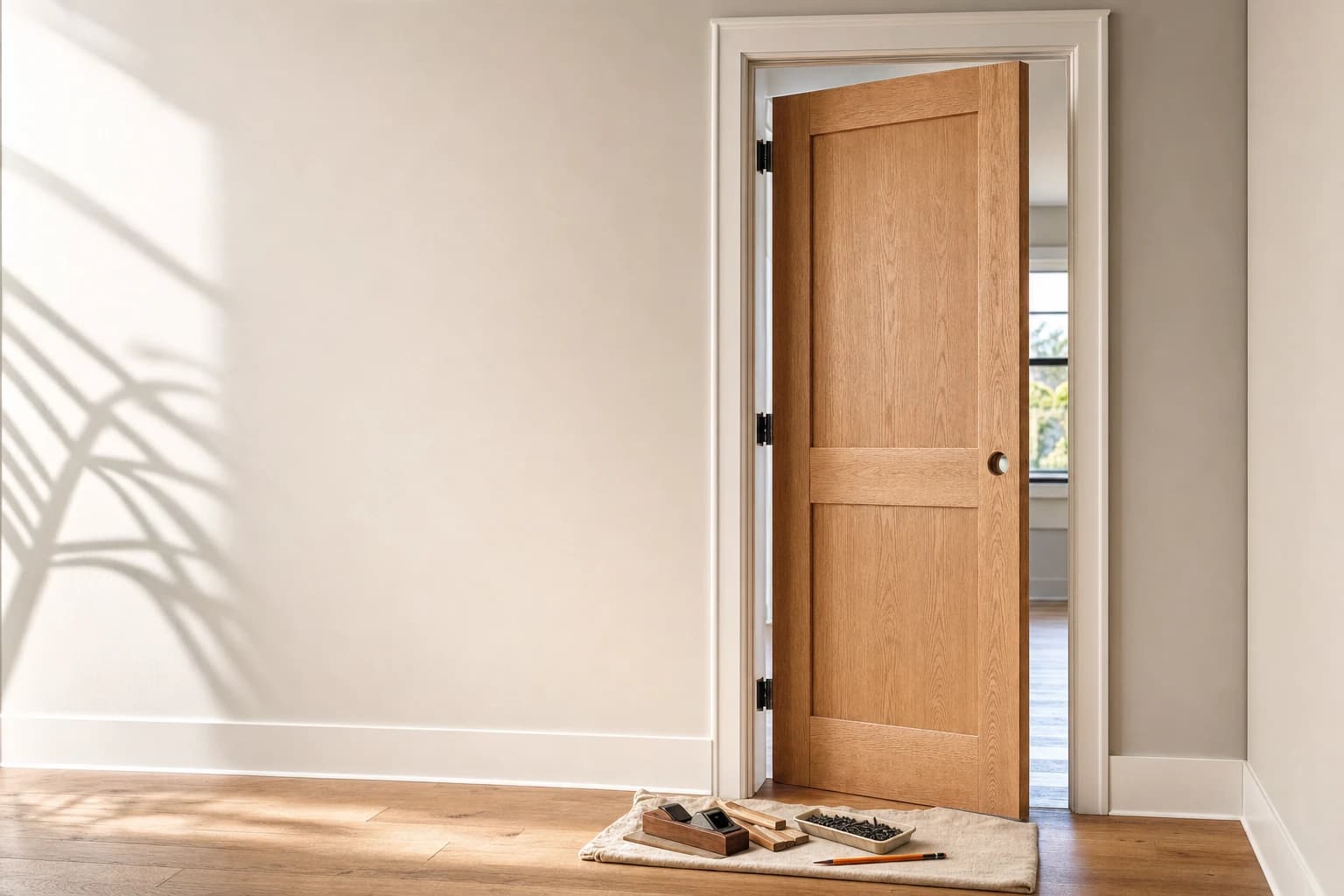 Interior wood door slightly ajar in a bright Florida hallway with hinge screws, wood shims, and a hand plane resting on a drop cloth beside the threshold
