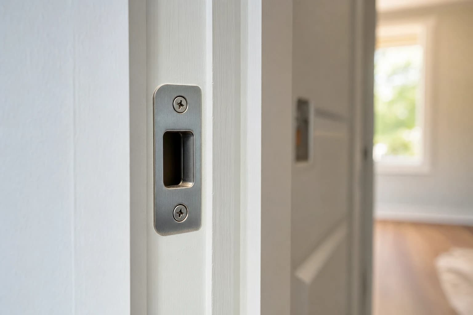 Macro detail of a metal strike plate on a white door jamb with the latch bolt aligned to the opening in soft Florida daylight