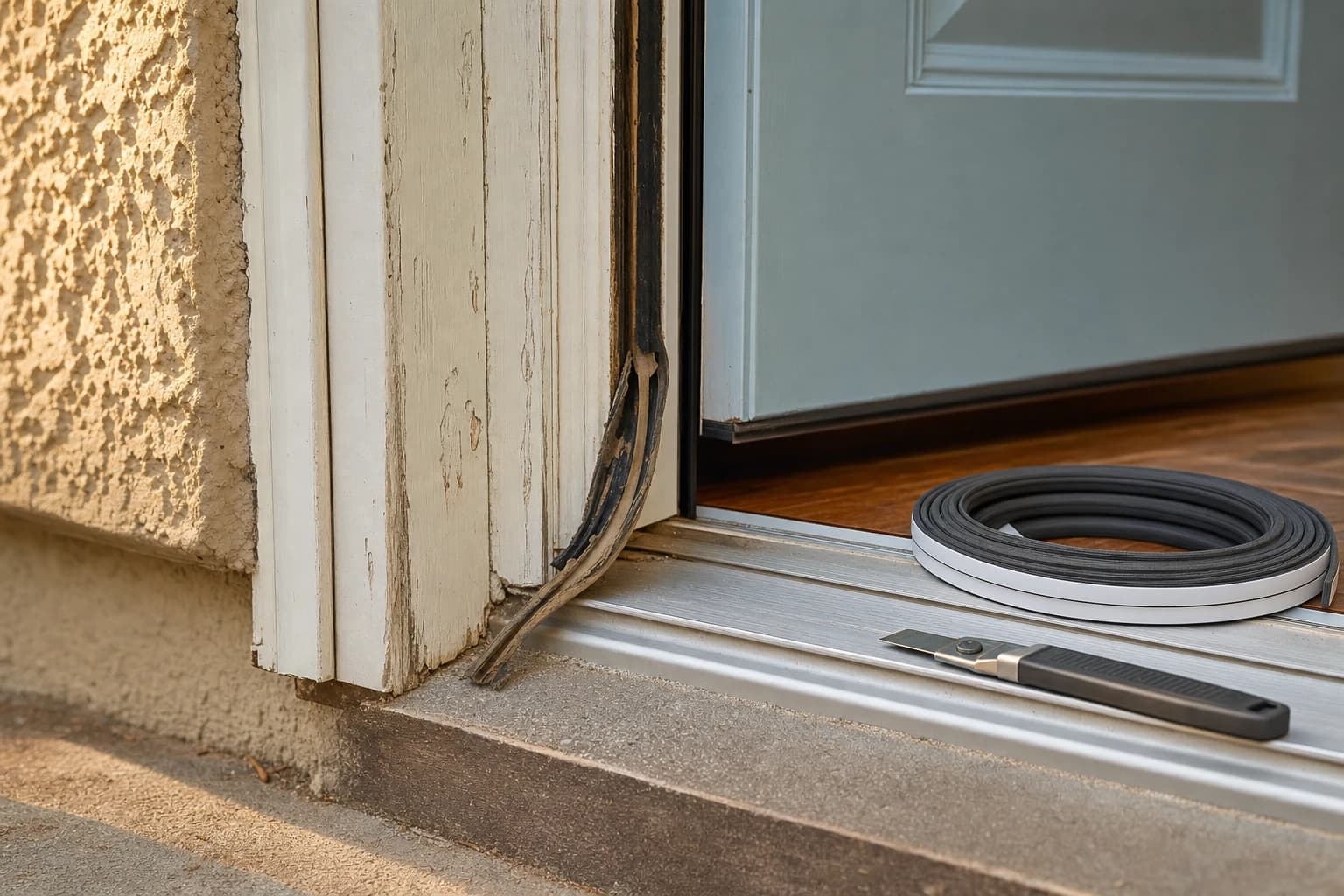 Close-up of weathered exterior door jamb base with peeled weatherstripping and a fresh replacement weatherstrip coil resting nearby on a Florida entry threshold