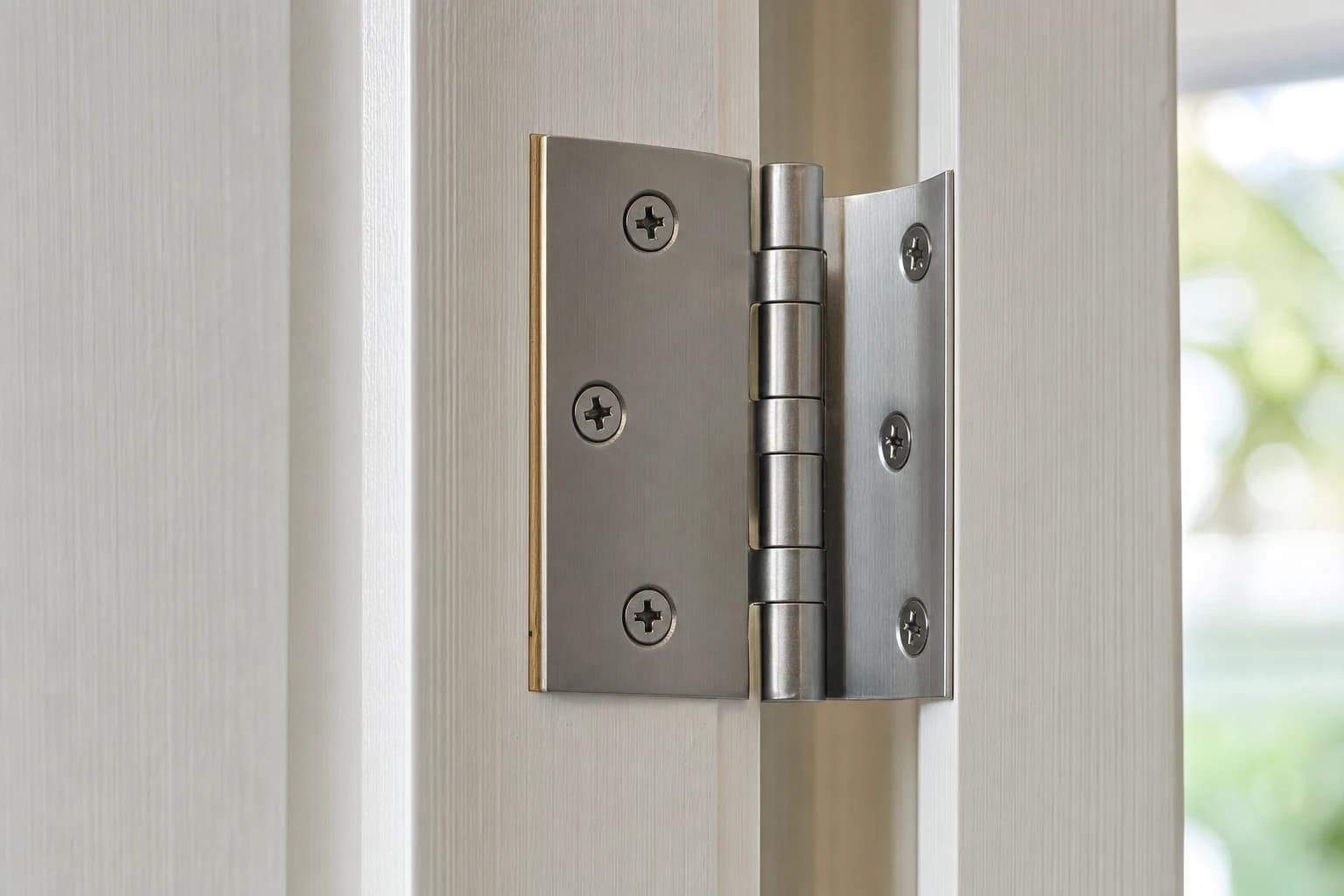 Close-up of a door hinge on a painted jamb with long screws seated and a wood shim tucked behind the hinge leaf in a Florida home