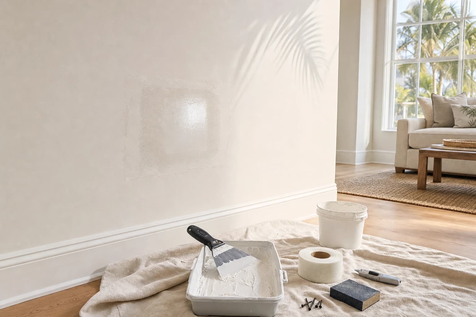 Drywall repair tools and materials staged beside a partially patched wall in a bright Florida living room, with joint compound, mesh patches, and knives resting on a drop cloth