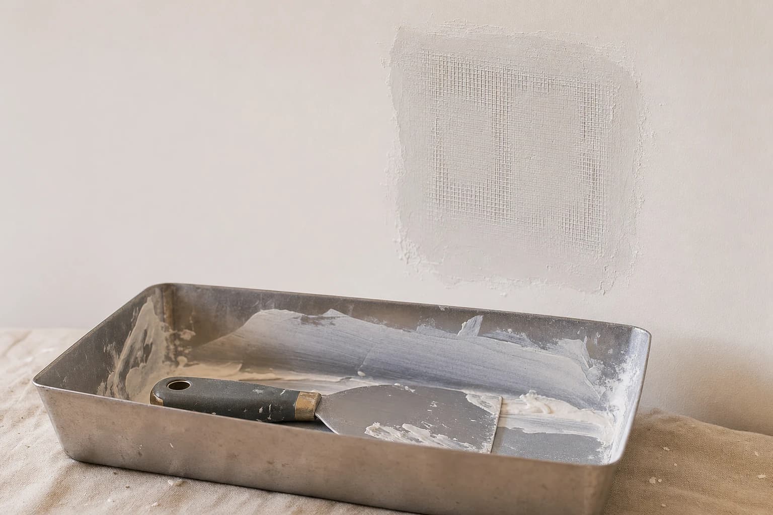 Close-up of a mesh drywall patch with a thin first coat of joint compound, joint knife resting flat in a metal mud pan on the floor