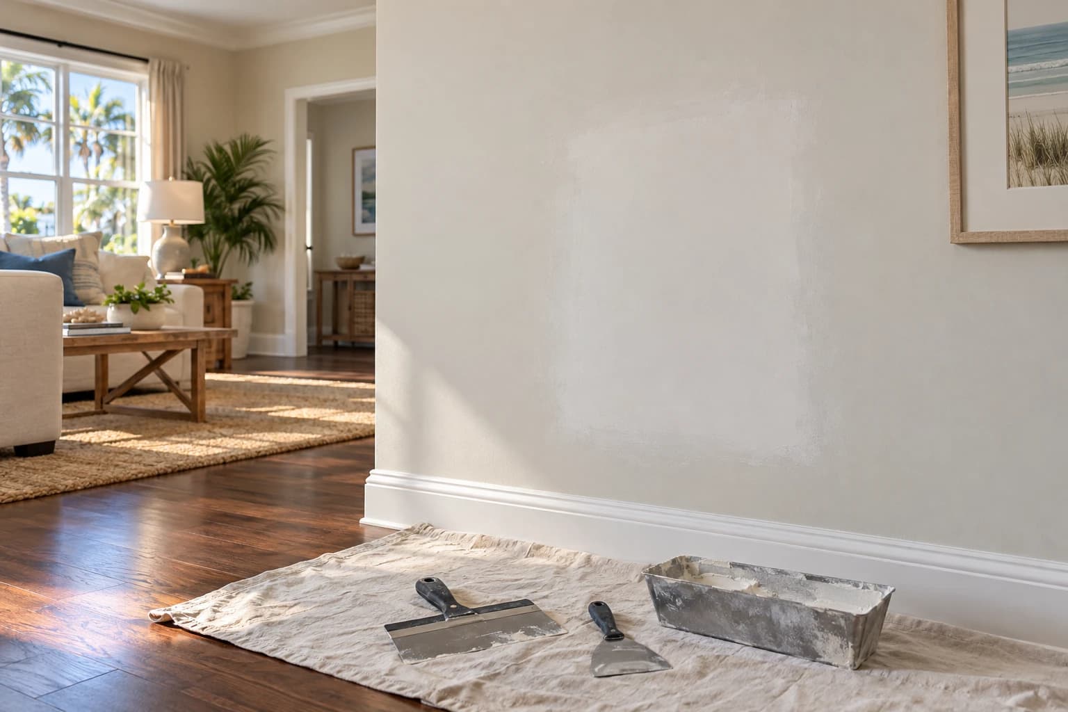 Wide drywall patch skimmed smooth on a living room wall in a bright Jacksonville home, with taping knives and a mud pan resting on a drop cloth