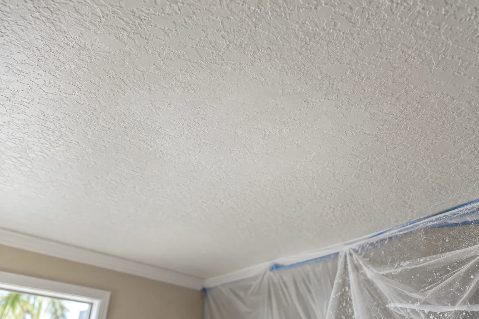 Knockdown texture on a ceiling in a Jacksonville home with plastic sheeting taped along the wall below