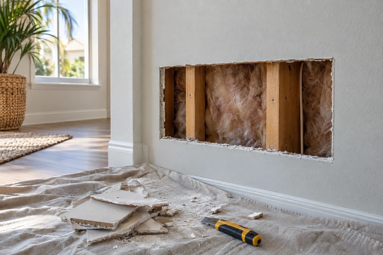 Interior wall cut back to a clean rectangular opening showing studs and insulation, with the removed drywall pieces and a utility knife resting on a drop cloth