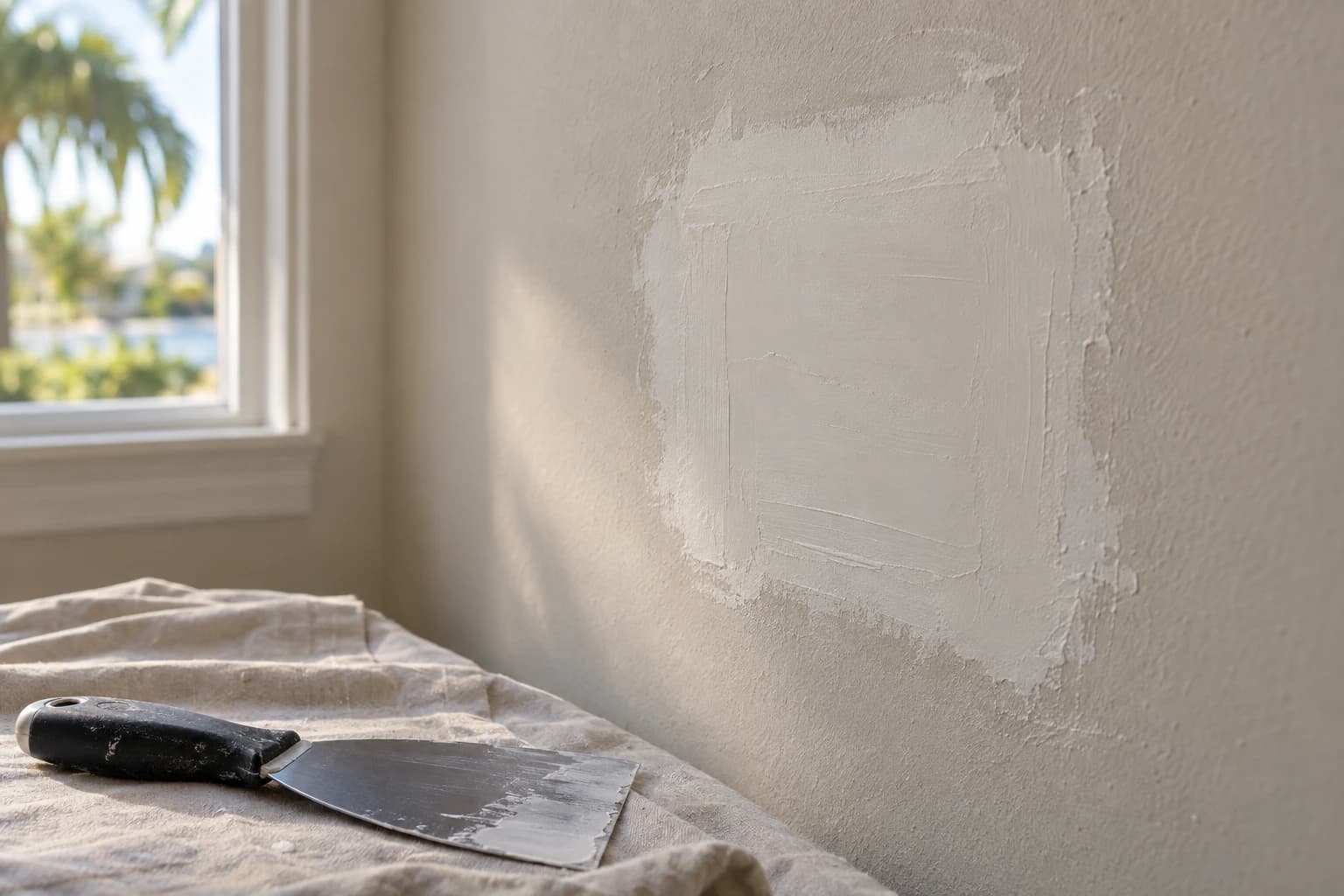 Joint compound feathered over a wall patch beside a window in a Florida home, with a taping knife resting on a drop cloth