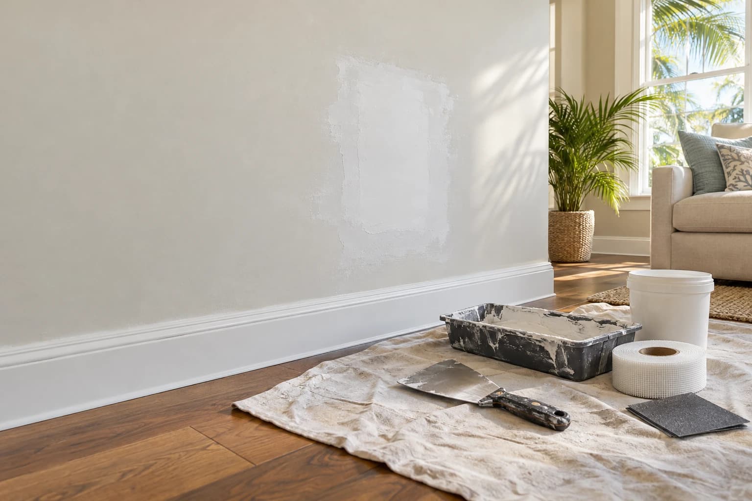 Drywall repair tools and joint compound staged beside a patched interior wall in a bright Orlando living room