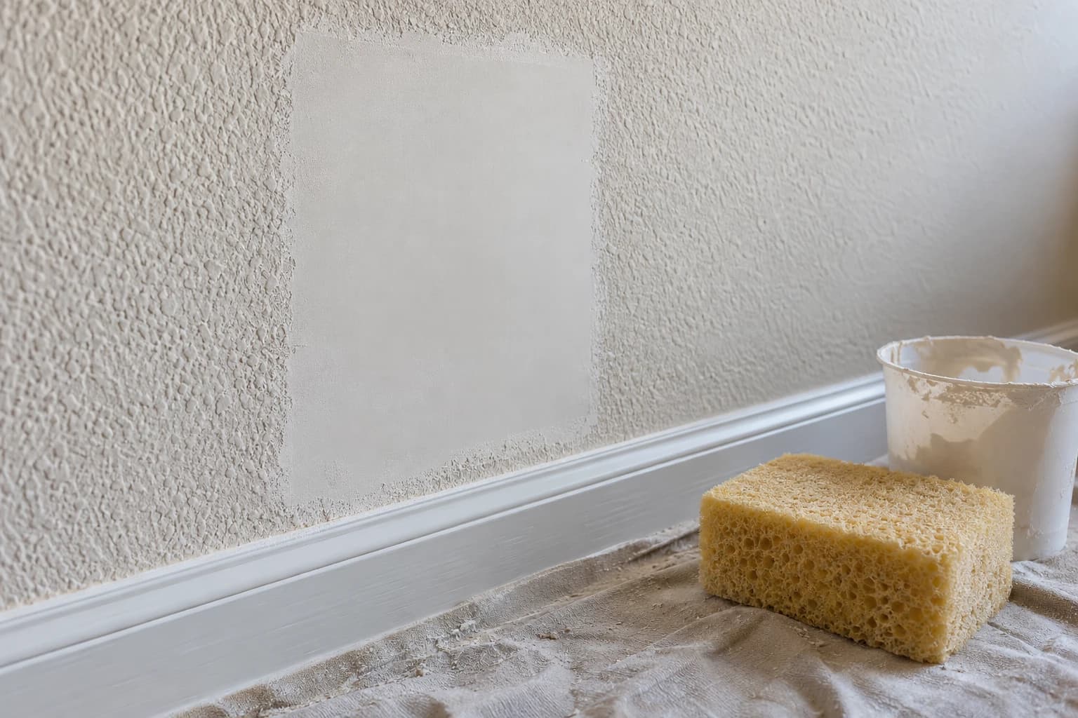 Smooth sanded drywall patch set into a textured wall, with a sponge and a cup of joint compound on a drop cloth in a Central Florida home