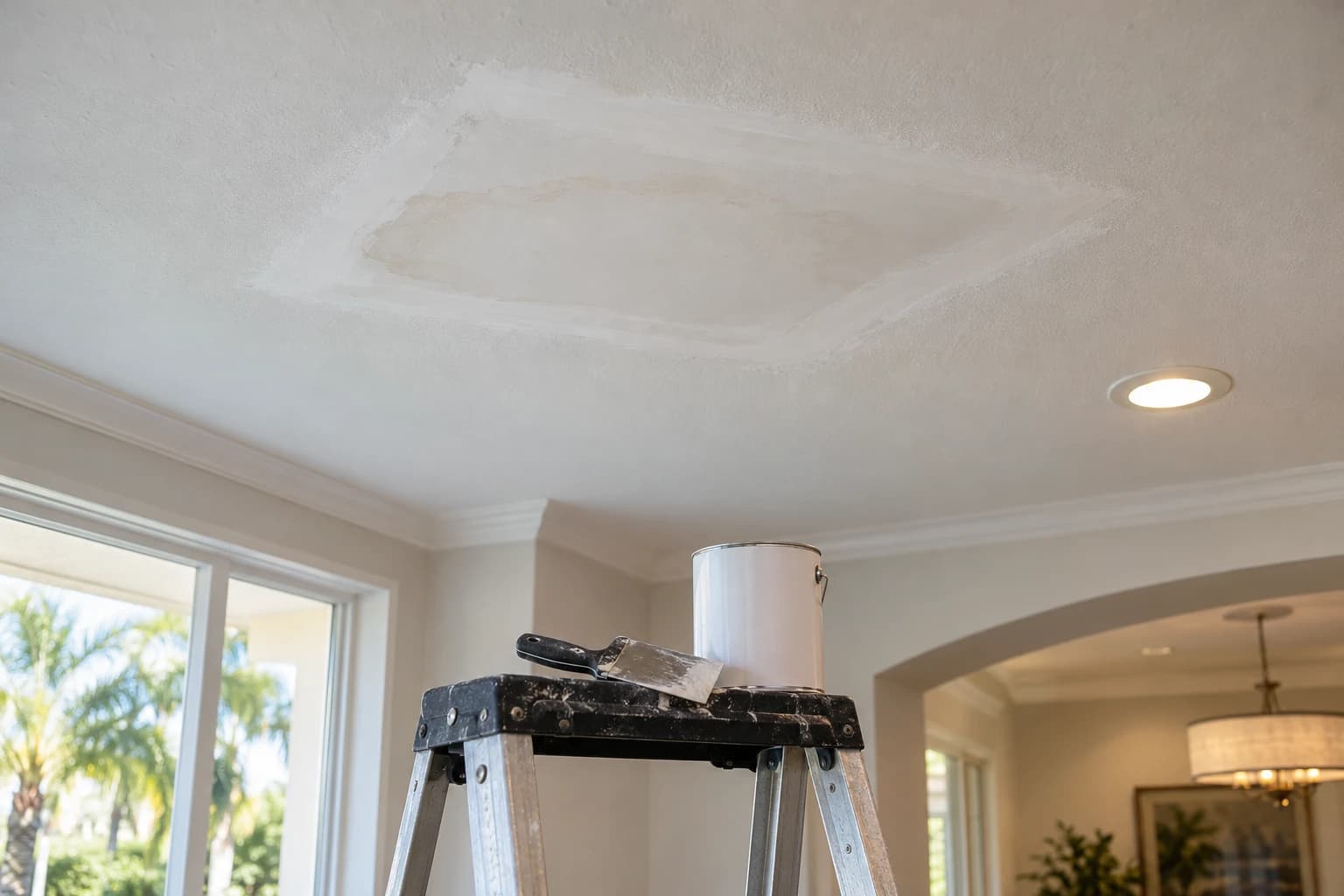 Ceiling with a faint water stain ring inside a fresh band of joint compound, with a putty knife and primer can on a stepladder top in an Orlando home