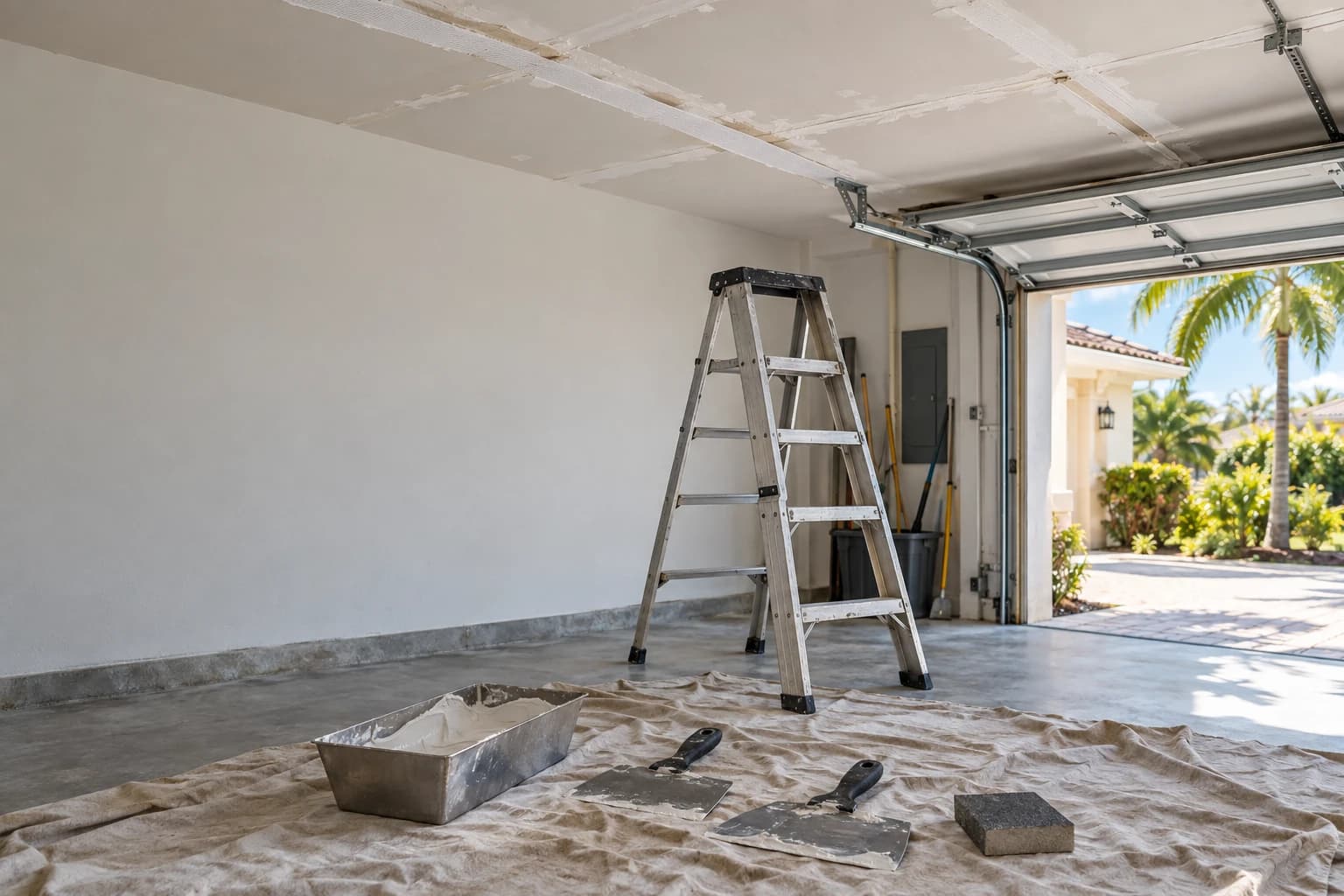 Garage ceiling in a Florida home with the drywall seams re-taped and coated, a stepladder in the middle of the floor, and a mud pan, taping knives, and a sanding block resting on a drop cloth