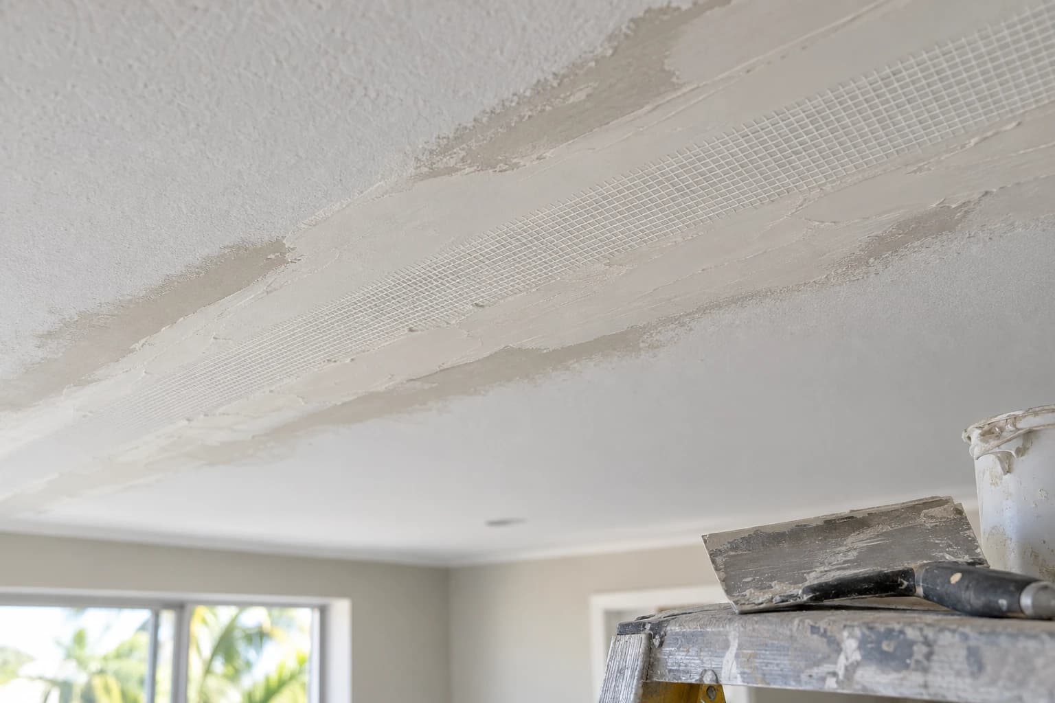 Mesh tape embedded in fresh joint compound along a ceiling seam, with a taping knife and a bucket resting on a stepladder