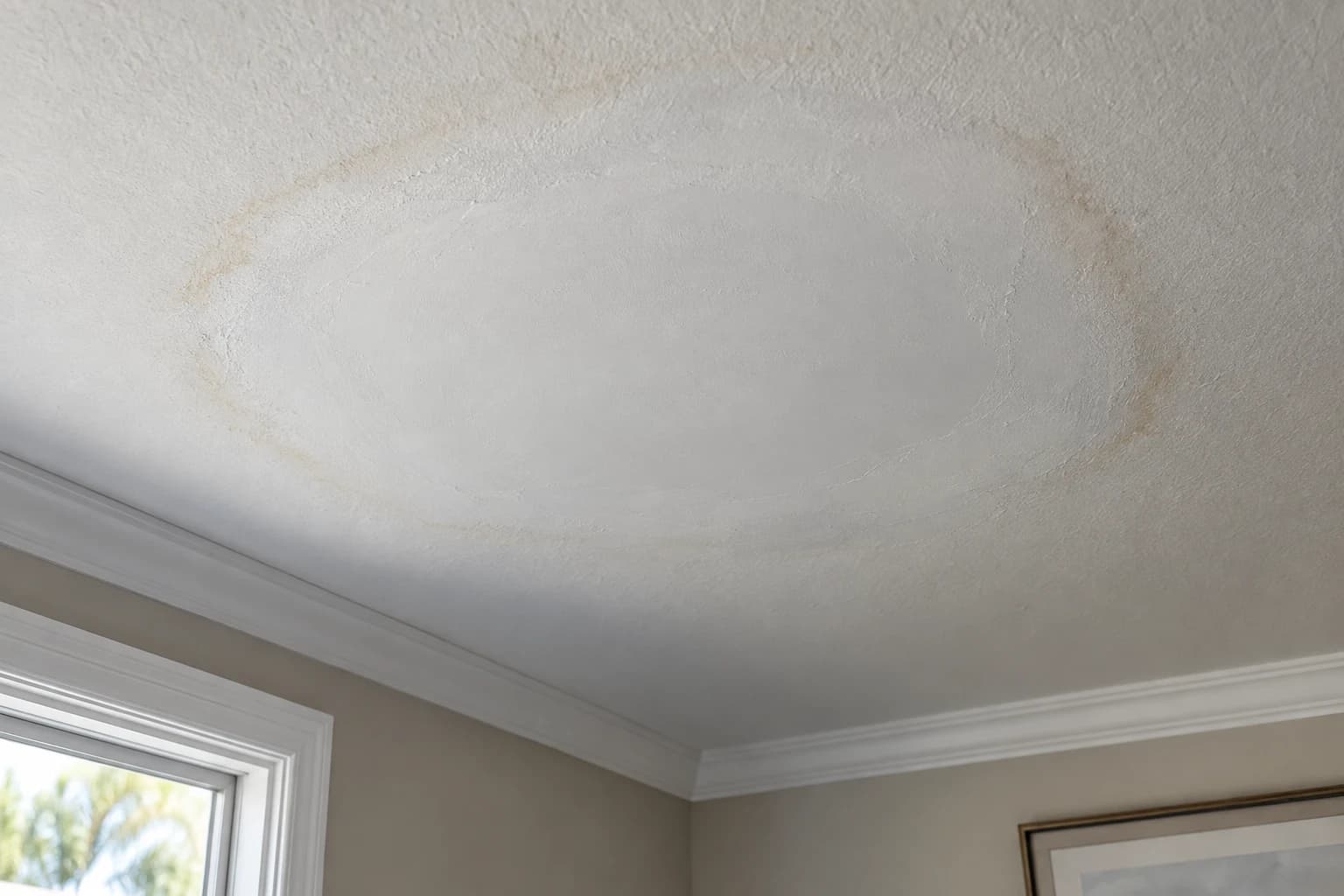 Ring-shaped water stain on a textured ceiling near crown molding in a Florida home