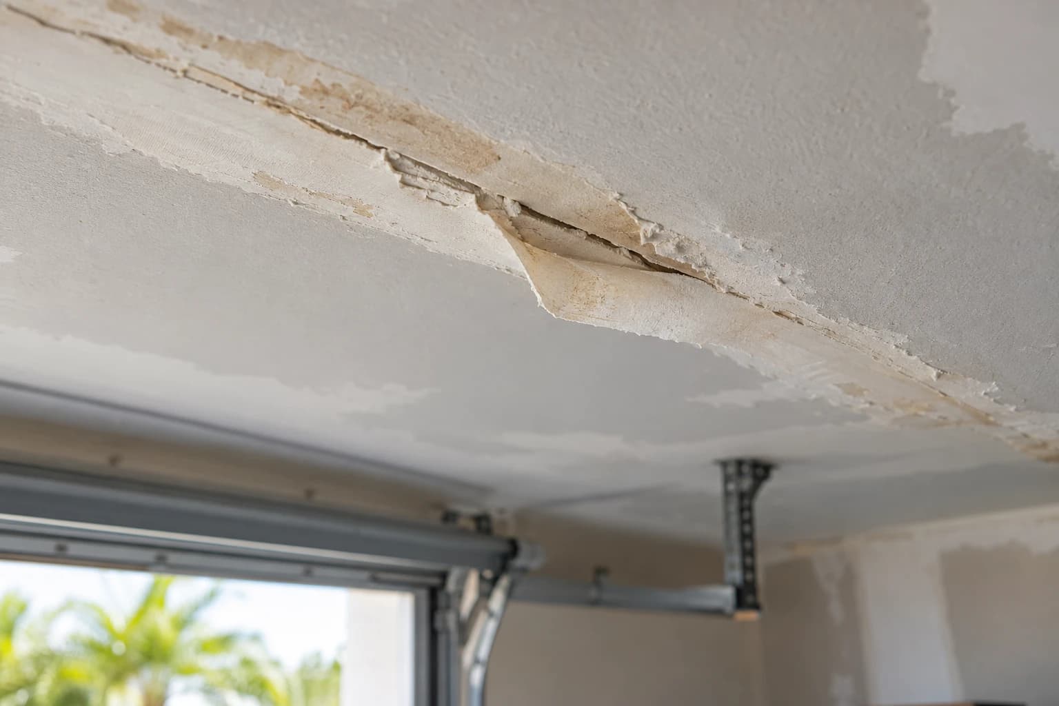 Paper drywall tape lifted and peeling along a seam on a humid Florida garage ceiling