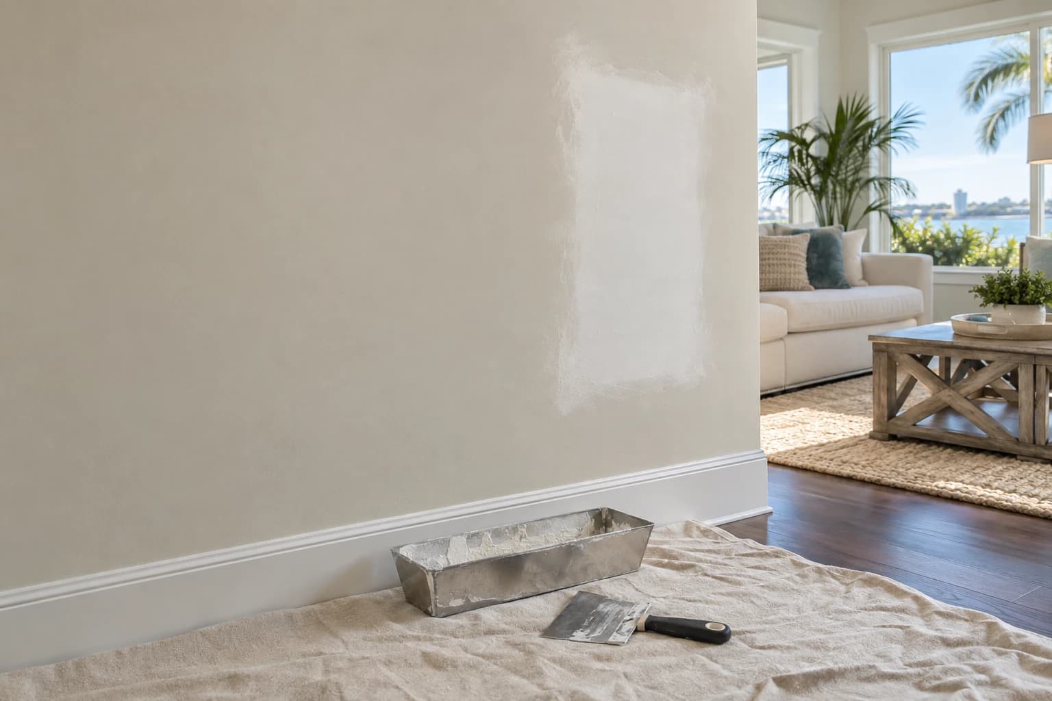 Drywall patch coated smooth with joint compound on a living room wall in a bright Tampa home, with a mud pan and a taping knife resting on a drop cloth