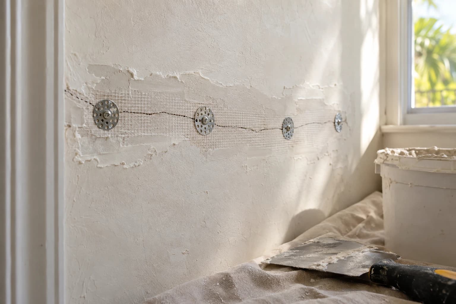 Plaster washers and mesh bridging a settling crack on an older plaster wall beside a window, with a bucket of compound and a knife resting on a drop cloth