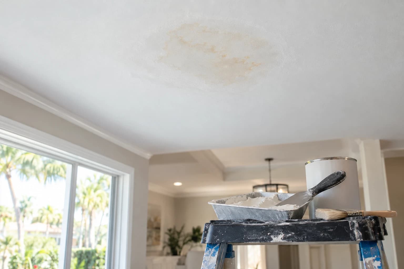 Water stain on a smooth ceiling in a bright Tampa home, with a mud pan, knife, and primer resting on a stepladder shelf