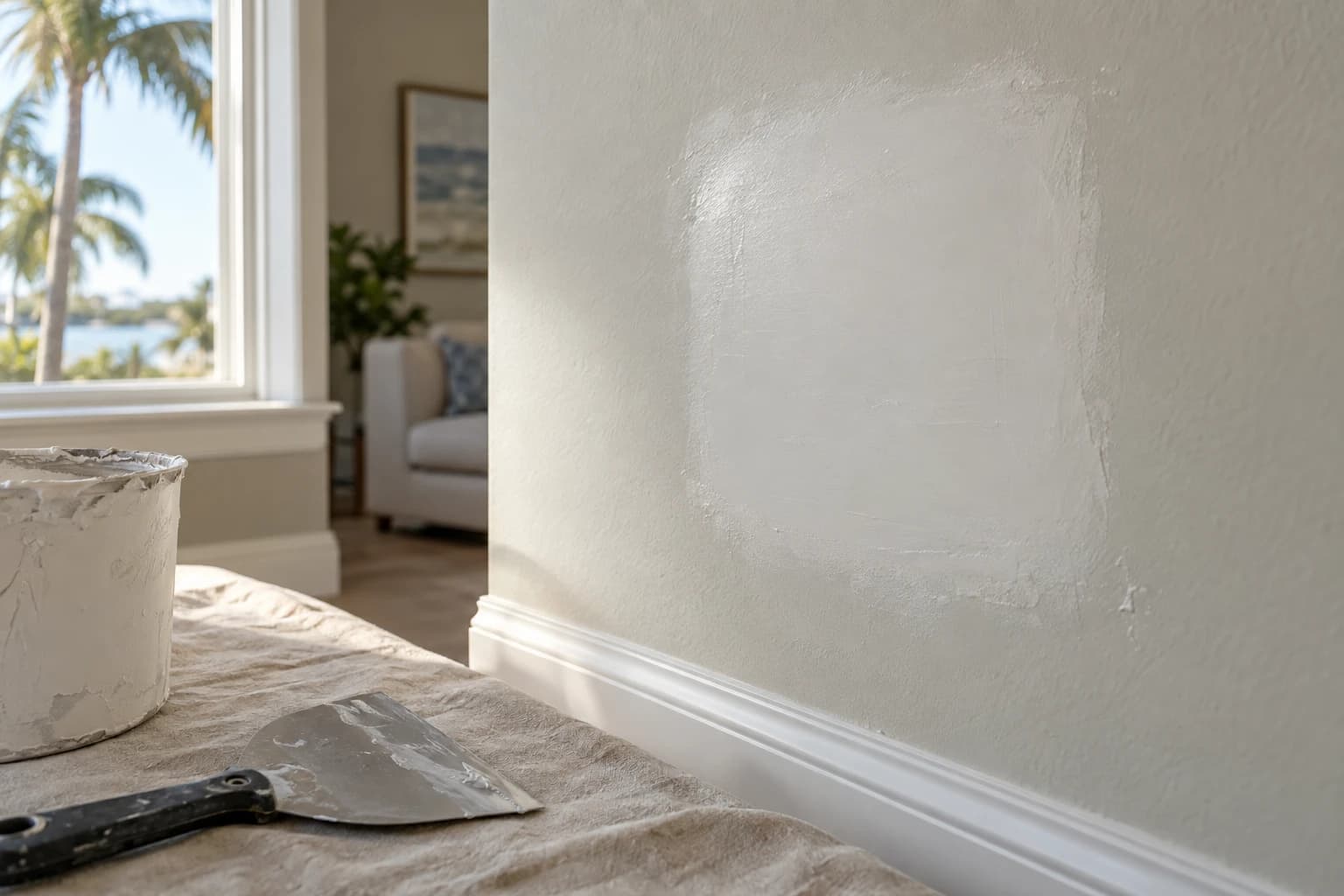 Smooth joint compound patch sanded flush on a knockdown-textured wall above the baseboard, with a bucket of compound and a knife resting on a drop cloth