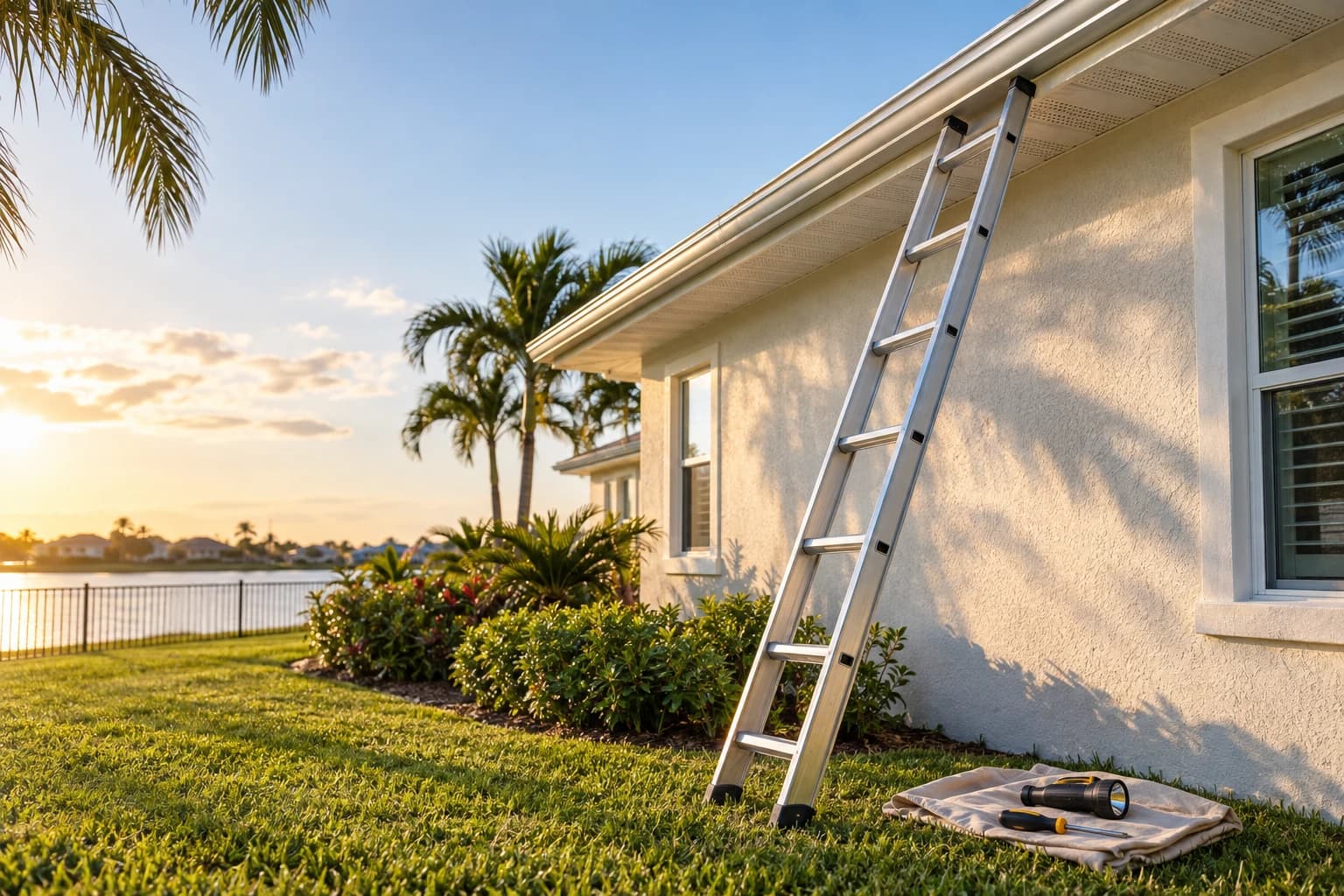 Extension ladder set against the eave of a stucco Florida home at sunset, with a flashlight and a screwdriver resting on a drop cloth in the grass