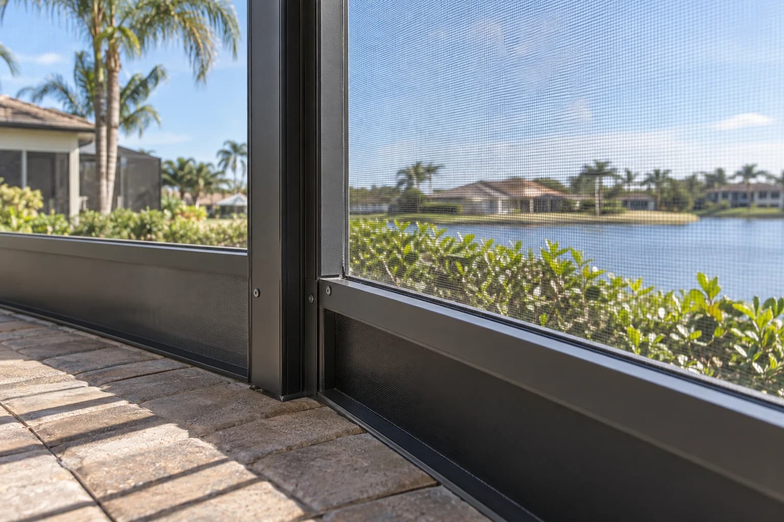 Corner of a screened lanai enclosure over pavers with a lake and palms beyond
