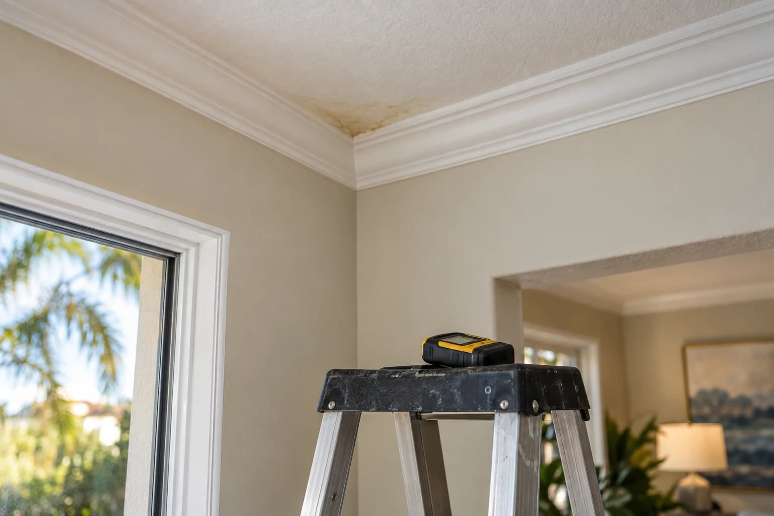 Water stain spreading across a ceiling corner above crown molding, with a moisture meter resting on a stepladder