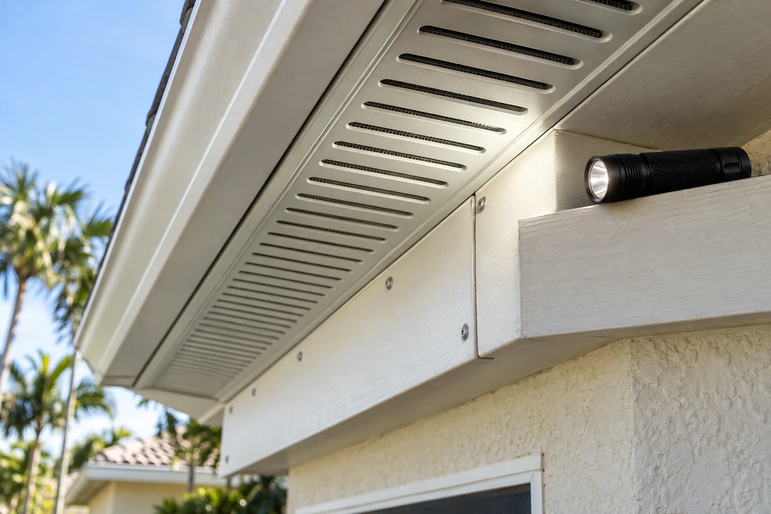 Vented aluminum soffit panels under a Florida eave with a flashlight resting on the fascia ledge