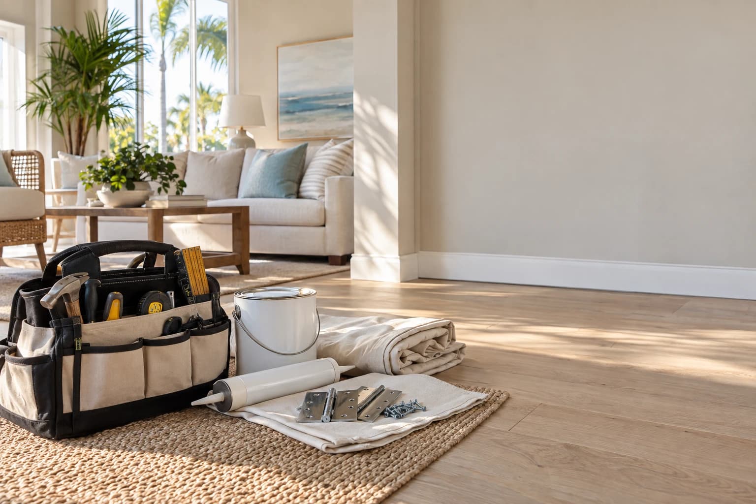 Tool bag, a paint can, a folded drop cloth, and new door hinges staged on a rug in a bright Florida living room