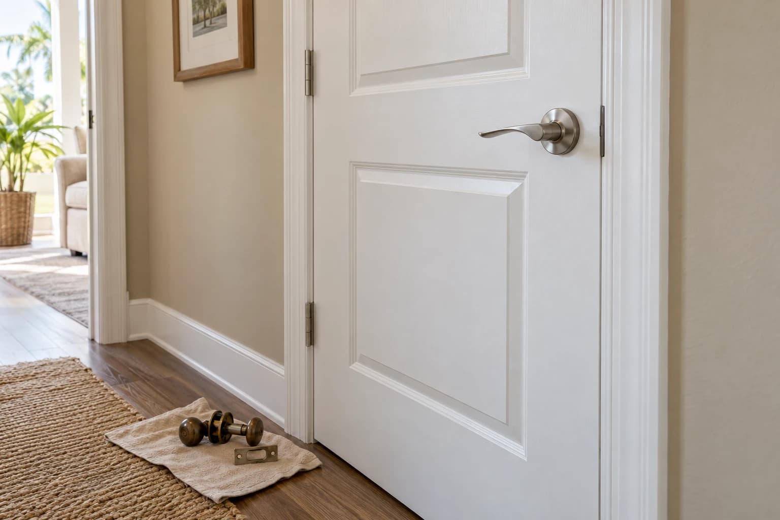 White interior door with a new lever handle, the old knob and strike plate resting on a cloth on the floor