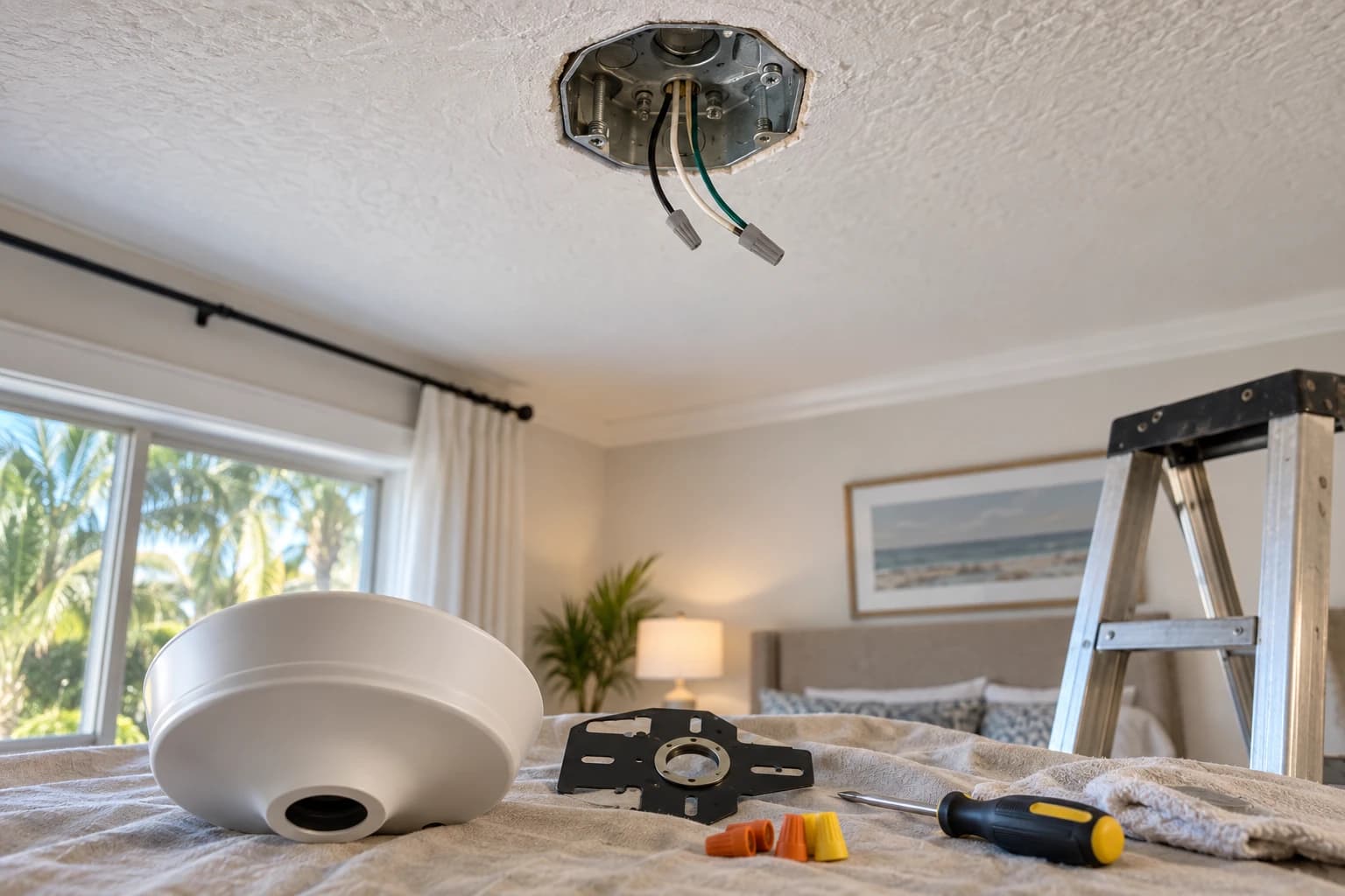 Open ceiling electrical box with capped wires above a bed, a new ceiling fan canopy and mounting bracket laid out with a screwdriver, stepladder beside