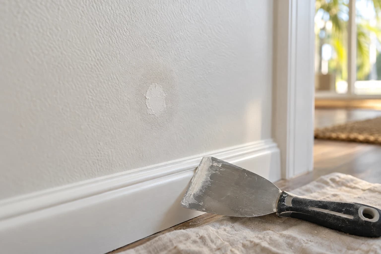 Small drywall patch drying above a white baseboard with a putty knife resting on a drop cloth