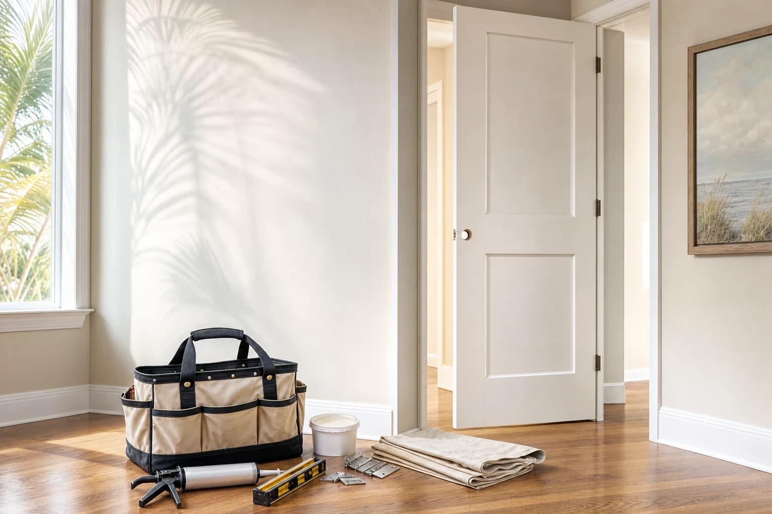 Open professional tool bag and neatly staged repair supplies on hardwood beside a living-room doorway in a bright Florida home