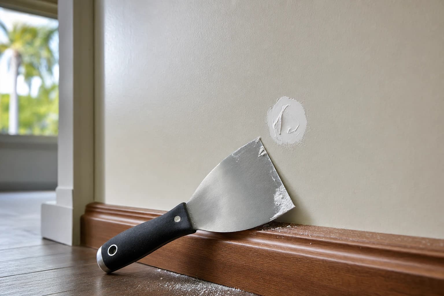 Close-up of a putty knife resting on a Florida-home wall beside a freshly filled nail hole ready for sanding