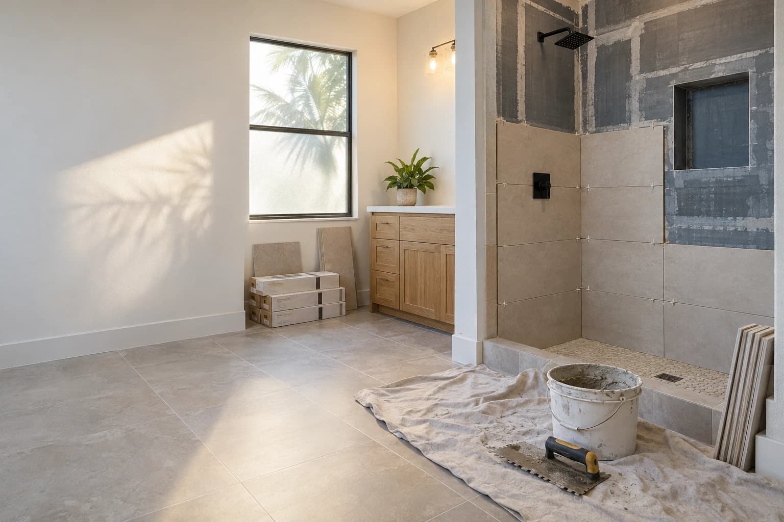 Florida bathroom mid-remodel with shower tile partly set over a waterproofed wall, tile boxes stacked by the new vanity, and a trowel and thinset bucket on a drop cloth
