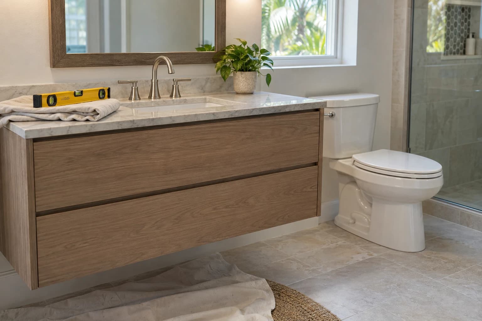 New floating vanity with faucet and toilet staged in a bright Florida bathroom after tile work is finished