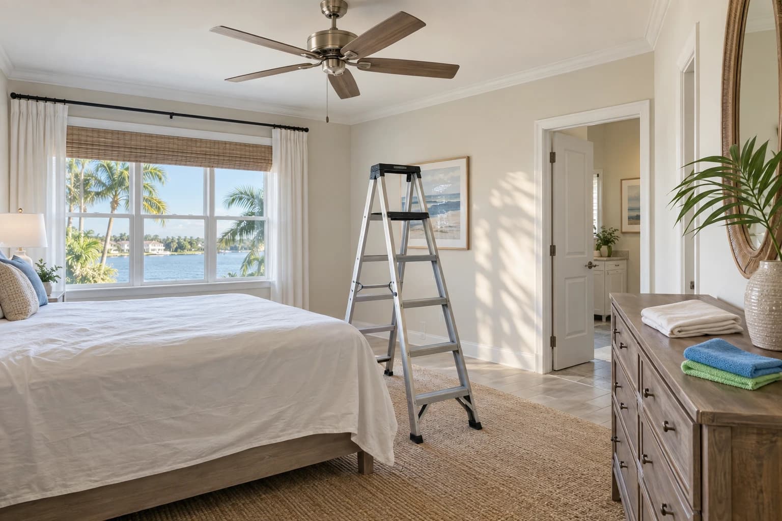 Bright Florida bedroom with a still ceiling fan above a bed covered by a plain sheet, a step ladder positioned beneath the fan, and a folded white pillowcase with two microfiber cloths on the dresser