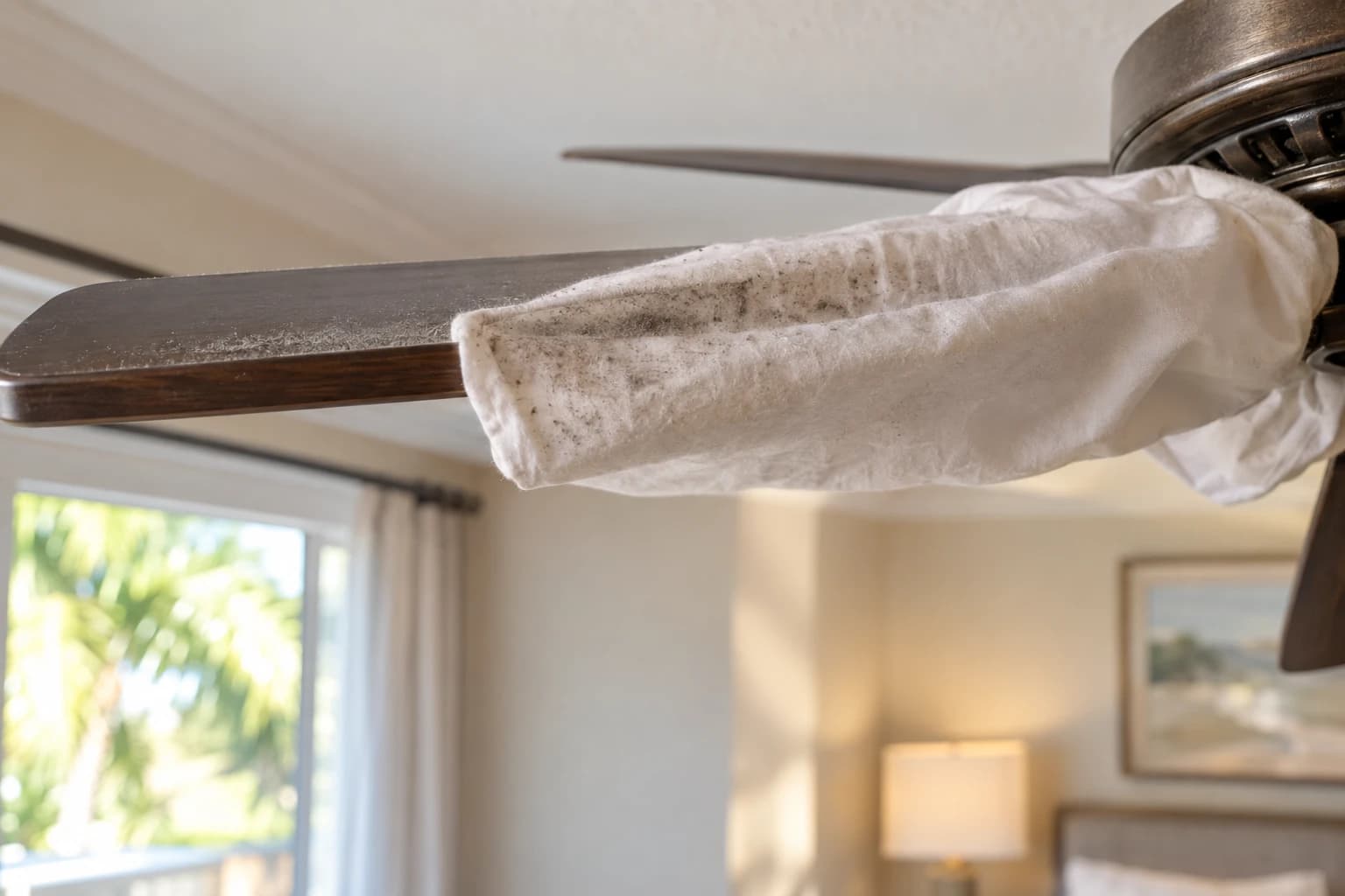 Close-up of a white pillowcase slipped over a ceiling fan blade, fabric pressed along the top surface in a Florida home