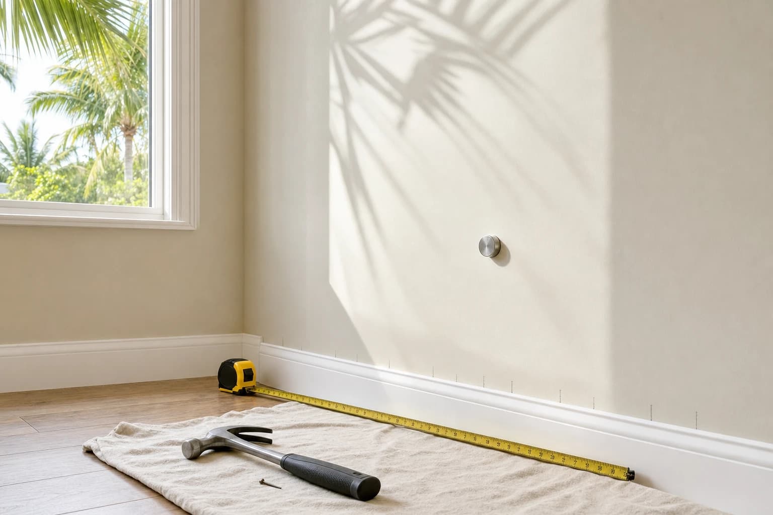 Clean Florida living-room wall with a rare-earth magnet stuck to painted drywall, a tape measure extended from the corner, and pencil marks at regular intervals beside baseboard trim